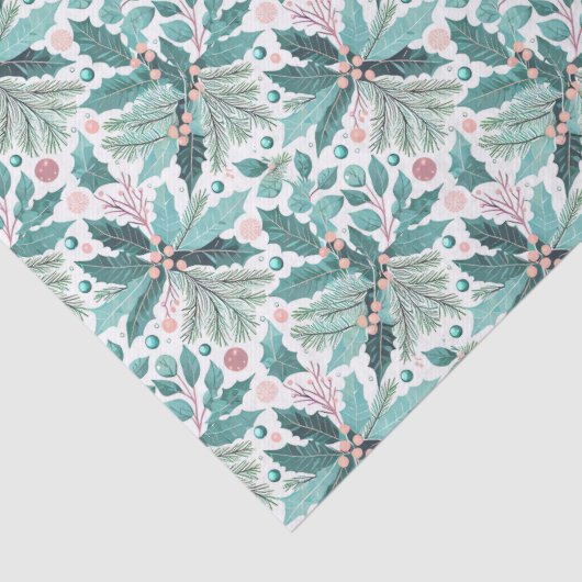 Papier Mousseline Turquoise Noël Holly Berries Motif#17 ID1009 (Détail)