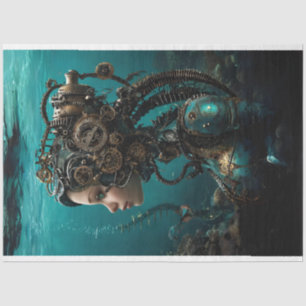 Papier Mousseline Turquoise Robotique Steampunk Girl Water World Déc