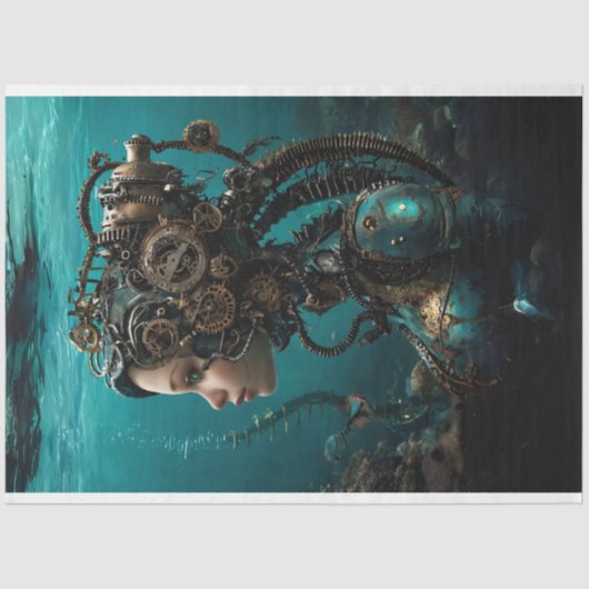 Papier Mousseline Turquoise Robotique Steampunk Girl Water World Déc (Recto)