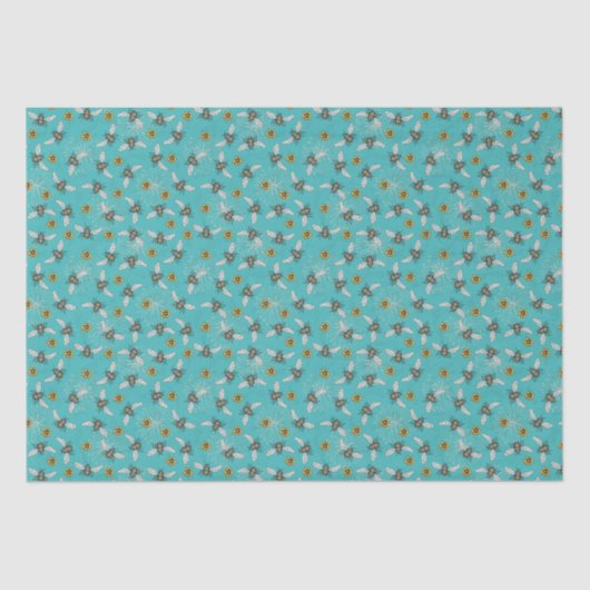 Papier Mousseline Turquoise Tendance Abeille Bourdonnante Printemps (Recto)