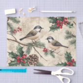 Papier Mousseline Two Birds on Branches with Holly Berries (Artisanat)