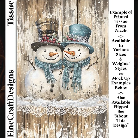 Papier Mousseline Two Cute Country Christmas Snowmen DY9L Decoupage