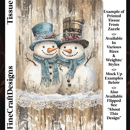 Papier Mousseline Two Cute Country Christmas Snowmen DY9R Decoupage