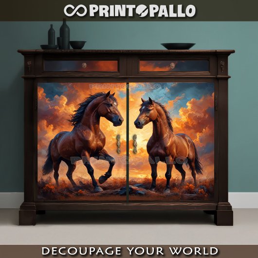 Papier Mousseline Two majestic horses in the light of the sunset.