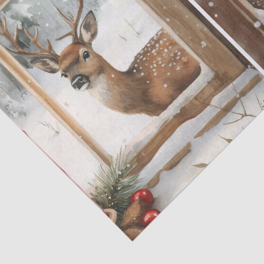 Papier Mousseline Two Pretty Winter Scenes of Deer in Window Panes (Détail)