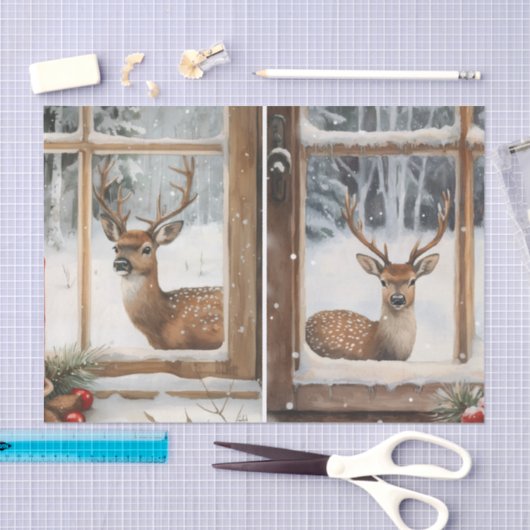 Papier Mousseline Two Pretty Winter Scenes of Deer in Window Panes (Artisanat)