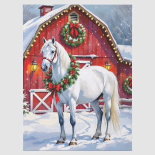 Papier Mousseline Un Cheval Blanc Festif et une Grange d'hiver Noël