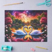 Papier Mousseline Un couple de cygnes coeur Valentin sous une nébule (Artisanat)