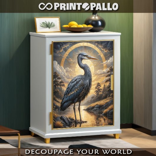 Papier Mousseline Un héron bleu dans un lac d'imaginaire doré