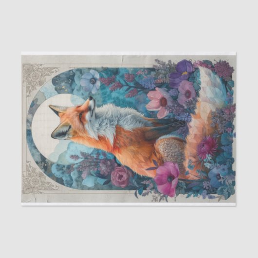Papier Mousseline Un renard aux éléments cubiques dans les fleurs (Recto)