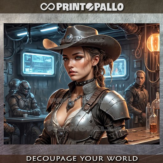 Papier Mousseline Une fille cow-boy de l'espace dans un bar de galax