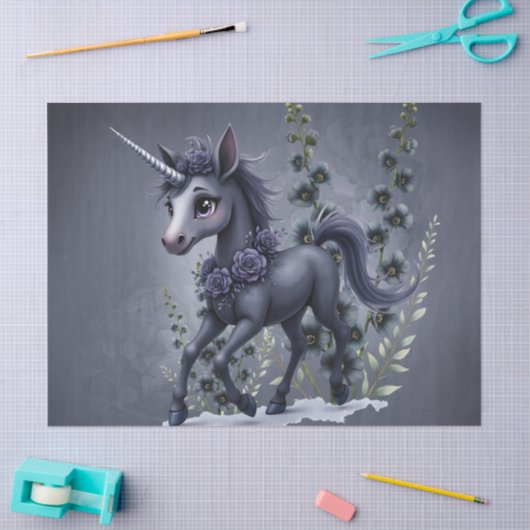 Papier Mousseline Unicorne stylisée dans la splendeur florale. (Artisanat)