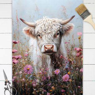 Papier Mousseline Vache des Highlands blancs dans un champ de fleurs