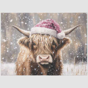 Papier Mousseline Vache des Highlands dans la neige avec un chapeau