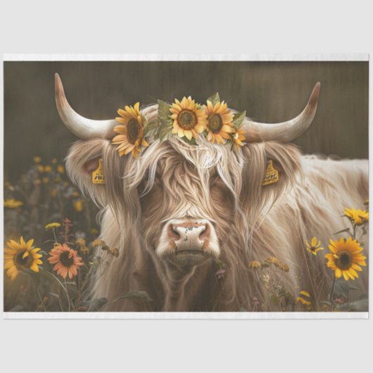 Papier Mousseline Vache des Highlands dans le champ de tournesol Déc (Recto)