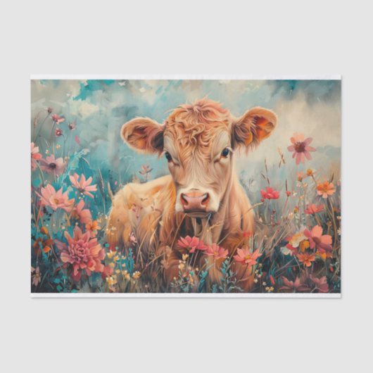 Papier Mousseline Vache des Highlands mignonne avec fleurs sauvages (Recto)
