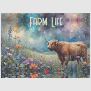Papier Mousseline Vache des Highlands Prairie Colorée *personnaliser