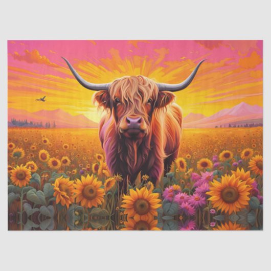 Papier Mousseline Vache Highland dans les tournesols à Sunrise (Recto)