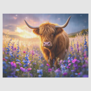Papier Mousseline Vache Highland dans un champ de fleurs colorées