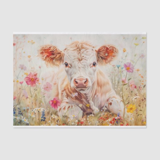 Papier Mousseline Vache Highland mignonne avec Fleurs sauvages pour (Recto)