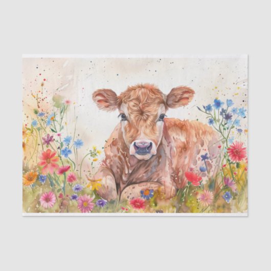 Papier Mousseline Vache Highland mignonne avec Fleurs sauvages pour  (Recto)