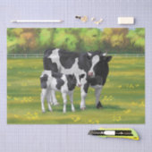 Papier Mousseline Vache Holstein et veau mignon en pâturage d'été (Artisanat)