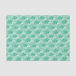 Papier Mousseline Vagues japonaises vintages, vert de jade et blanc