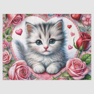 Papier Mousseline Valentine Kitten With Roses Tissue Paper