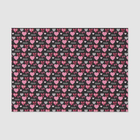 Papier Mousseline Valentine's Day Hearts, Bows and XOXO Patterned (Recto)