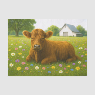 Papier Mousseline Veau Highland dans un pâturage de fleurs