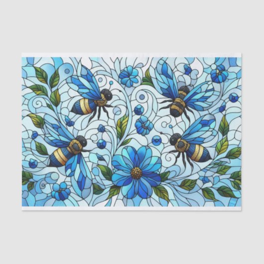 Papier Mousseline Verre Tige Charmante abeilles Bleu (Recto)
