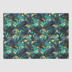 Papier Mousseline Verre turquoise, bleu et or peacock