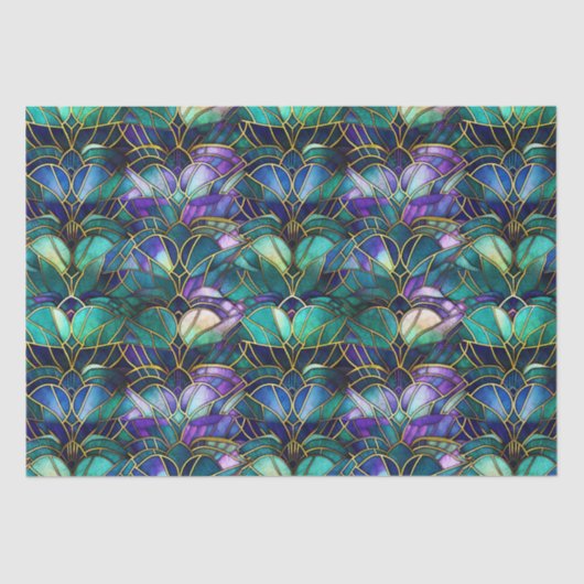 Papier Mousseline Verre turquoise, violet et or peacock (Recto)