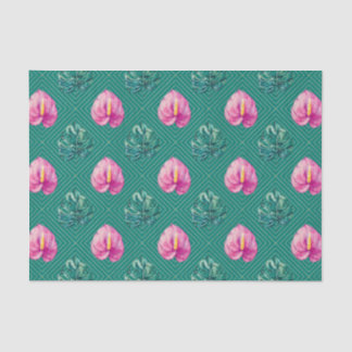 Papier Mousseline Vert avec fleurs tropicales et Feuilles de palmier