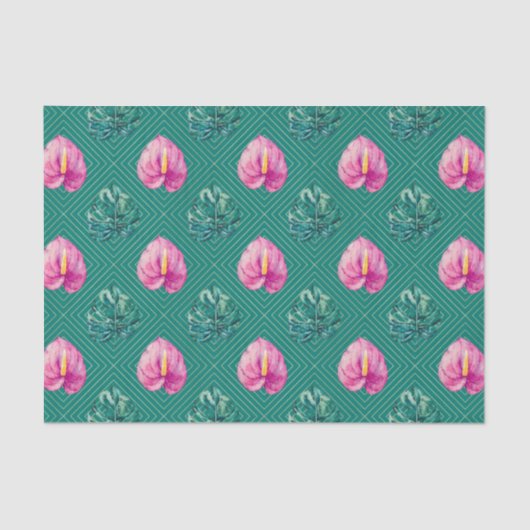 Papier Mousseline Vert avec fleurs tropicales et Feuilles de palmier (Recto)