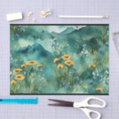 Papier Mousseline Vert doux paysage aquarelle fleurs sauvages (Artisanat)