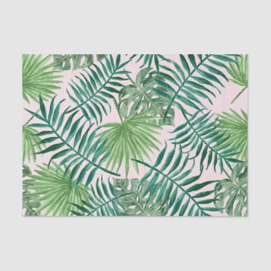 Papier Mousseline Vert feuillage tropical sur aquarelle rose (Recto)