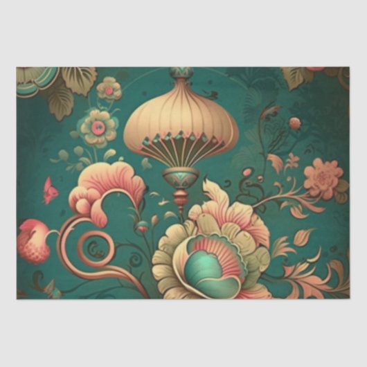 Papier Mousseline Vert floral design rétro vintage (Recto)