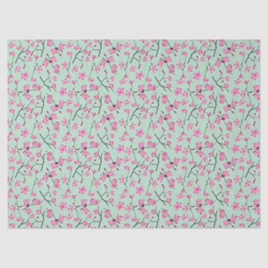 Papier Mousseline Vert menthe aux fleurs de cerisier rose (Recto)
