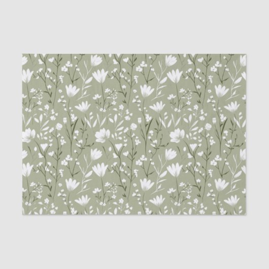 Papier Mousseline Vert sauge et blanc floral Mariage Anniversaire  (Recto)