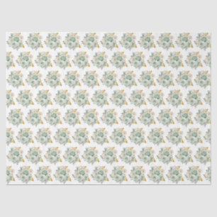 Papier Mousseline Vert sauge et fleurs élégantes dorées