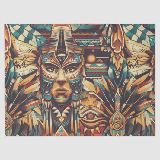 Papier Mousseline Vibrant Turquoise "Méso-Américain Motif" papier pa (Recto)