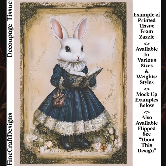 Papier Mousseline Victorian Dressed Rabbit With Book ER7R Decoupage
