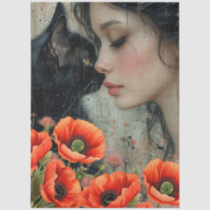 Papier Mousseline Victorian Girl Chat noir Rouge Poppies Art Abstrai