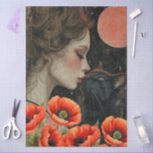 Papier Mousseline Victorian Girl Chat noir Rouge Poppies Art Abstrai (Artisanat)