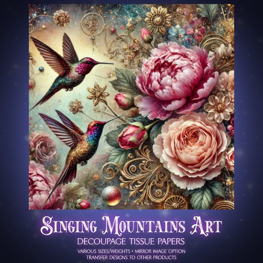 Papier Mousseline Victorian Hummingbird & Pastel Rose Decoupage 