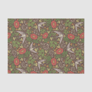 Papier Mousseline Victorian Vintage Red Daisy Bird English Garden