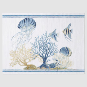 Papier Mousseline Vie de la mer Plage Corail Crabe Jelly Poisson ble