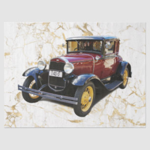 Papier Mousseline Vieille voiture sur marbre blanc & or, Découpage