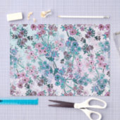 Papier Mousseline Vignes de Fleurs Turquoises et roses (Artisanat)